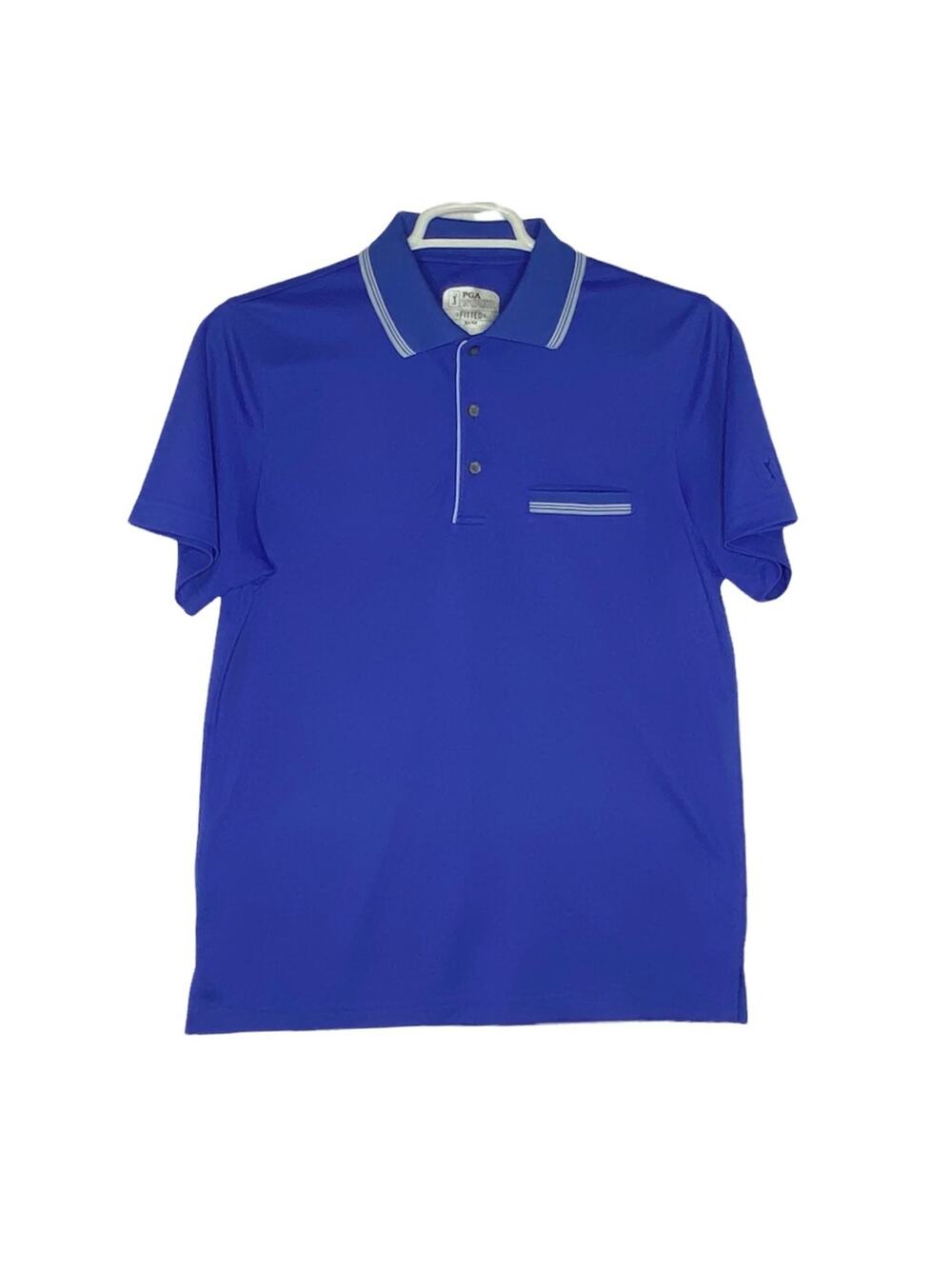 PGA Tour Mens Fitted Polo Shirt M Blue Short Sleeve Pocket Golf Top Prep Sporty